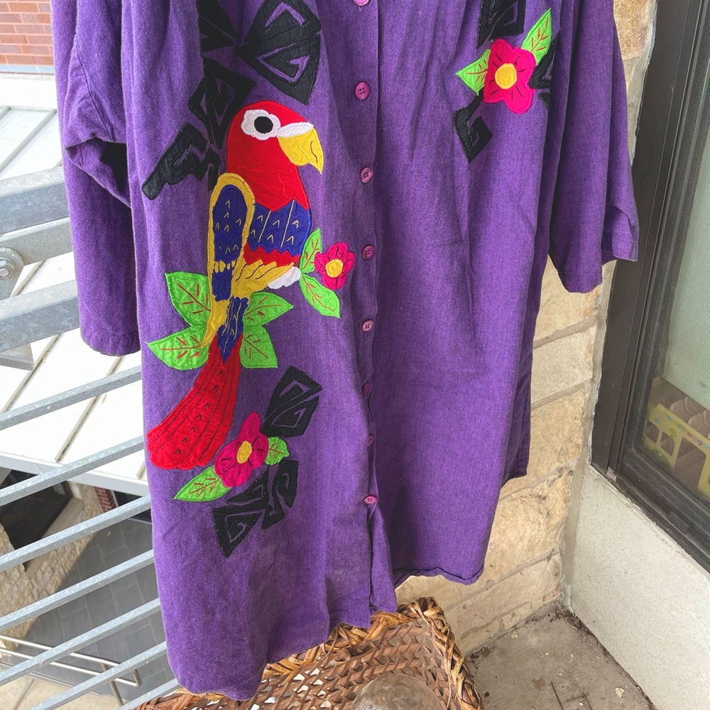 Purple embroidered shirt dress. Retro 90s button up dress
